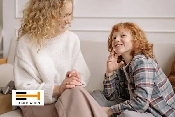 Happy mother and child after sorting child arrangements mediation Weymouth